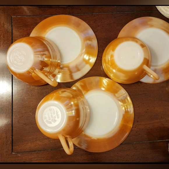 3 sets Vintage Fire King Peach Lustre Three Bands Cups & Saucers - Picture 2 of 4